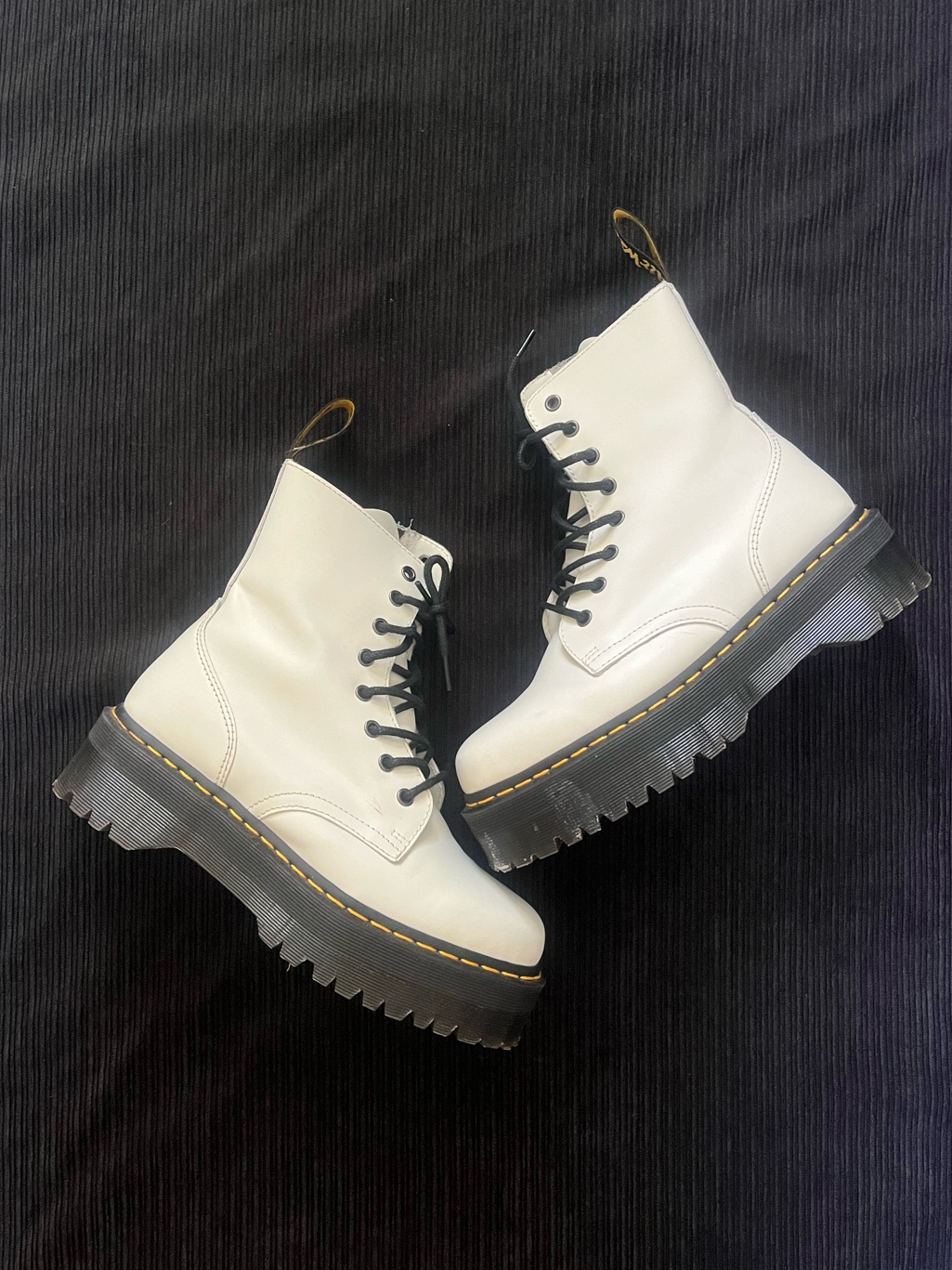 Dr. Martens Jadon White Platform Lace-Up Combat Boots With Black Platform Sole